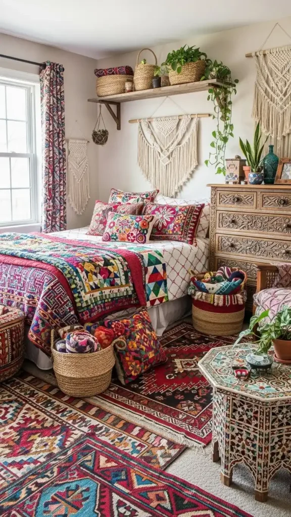 bohemian-bedroom-with-vibrant-textiles-and-patterns