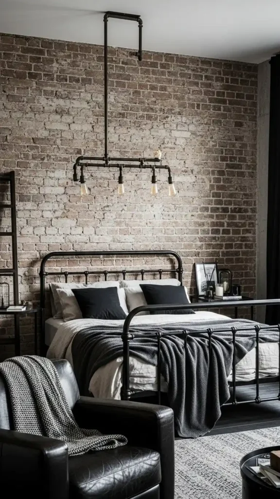 industrial-bedroom-with-exposed-brick-and-metal-decor