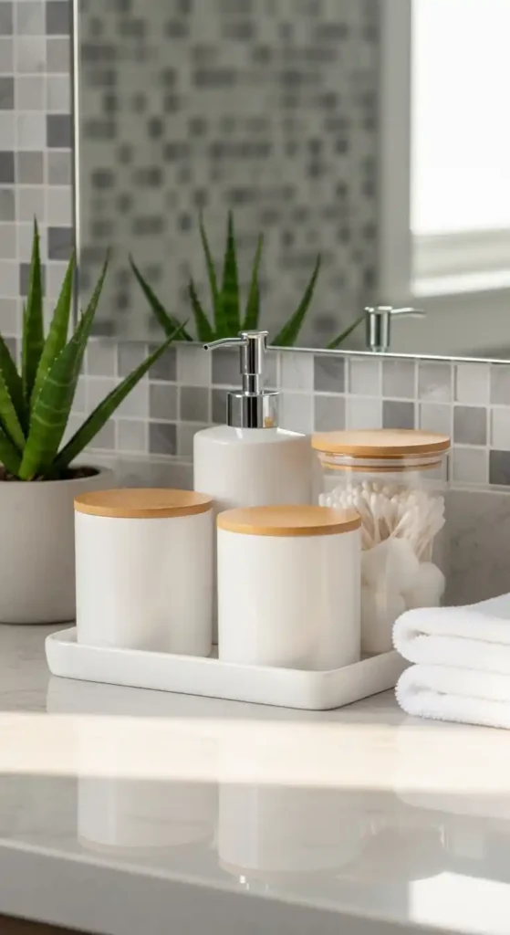 bathroom-counter-featuring-matching-soap-dispensers-and-jars