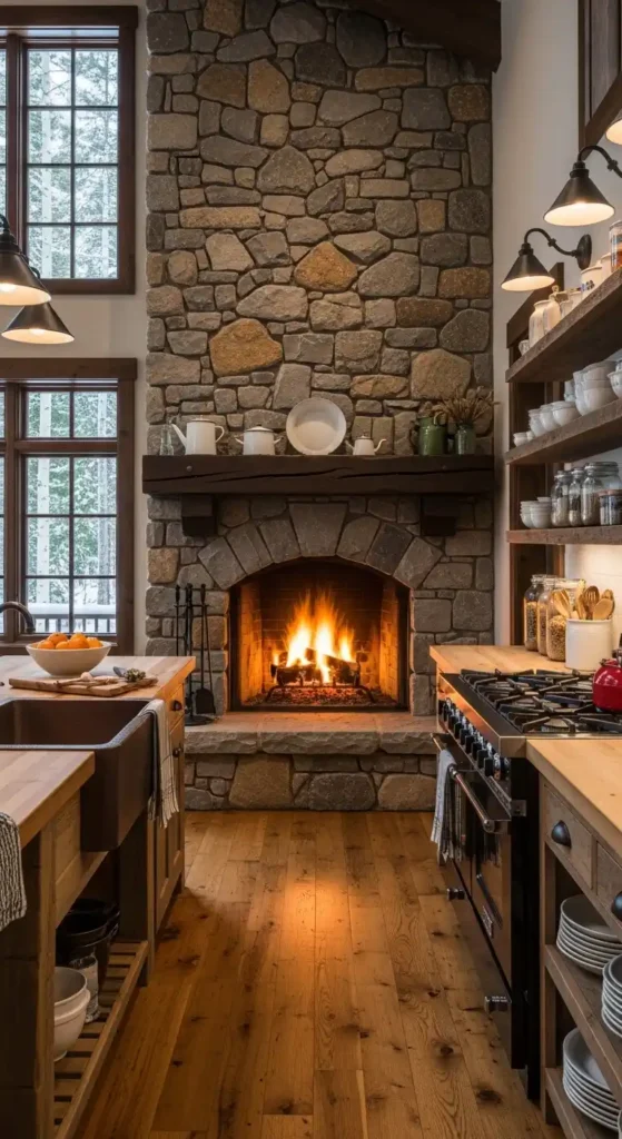 cabin-kitchen-with-stone-fireplace-focal-point