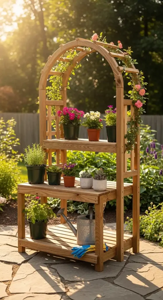 diy-outdoor-plant-stand-with-arbor