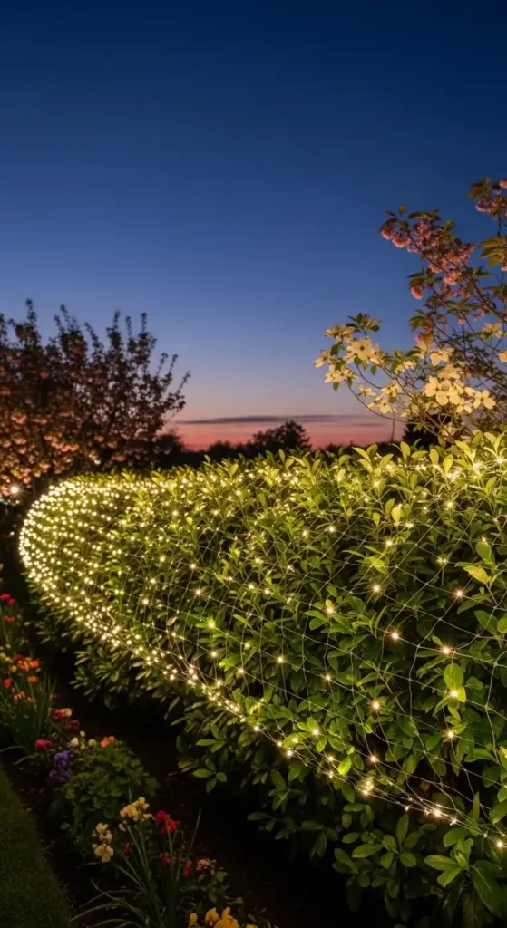 twinkling-net-lights-on-hedges