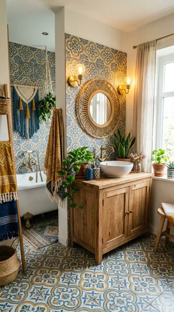 blue-and-yellow-boho-bathroom-with-patterned-tiles