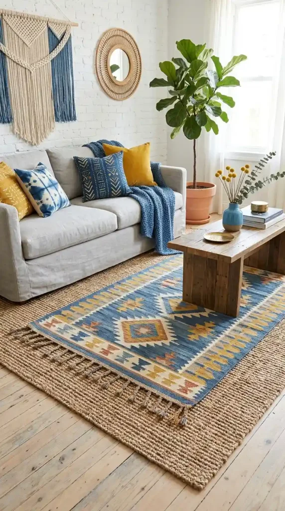 blue-and-yellow-boho-kilim-rug-layered-over-jute