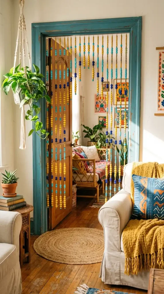 blue-boho-beaded-curtain-doorway-with-yellow-wooden-beads