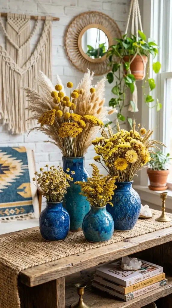 blue-ceramic-vases-styled-with-yellow-dried-flowers