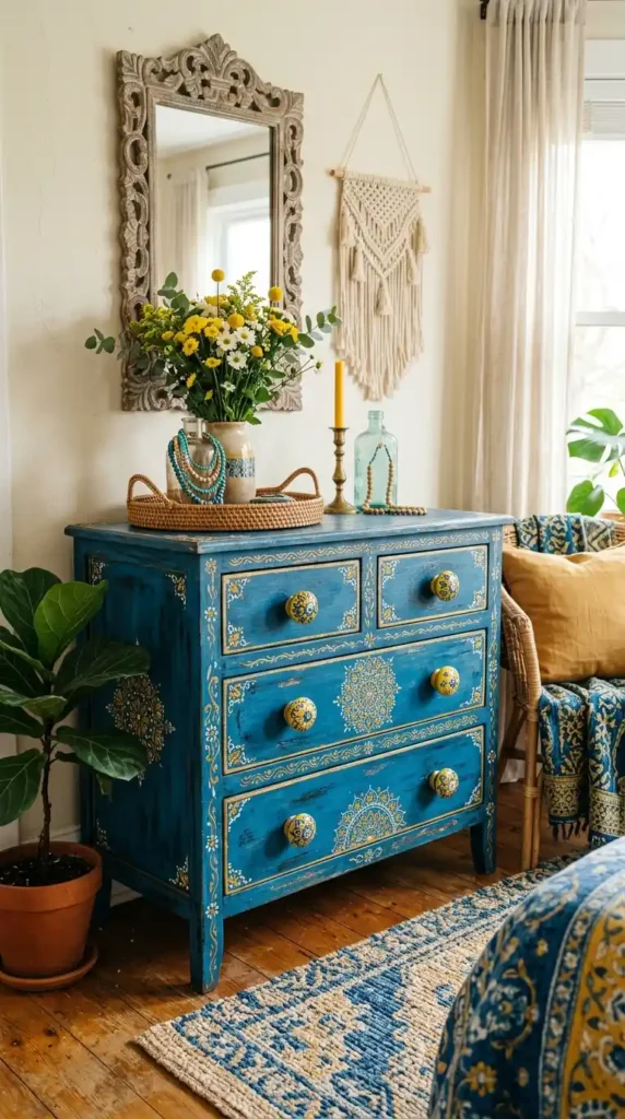 blue-painted-boho-dresser-with-yellow-ceramic-knobs
