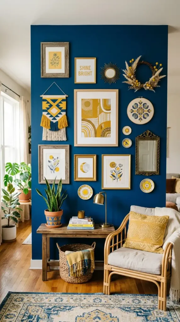 blue-painted-boho-gallery-wall-with-yellow-accents