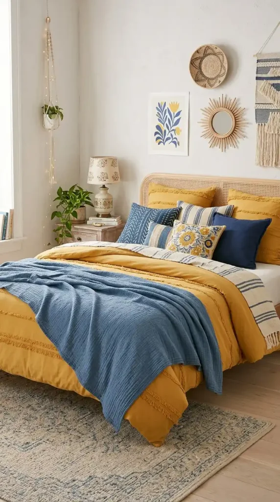 mustard-yellow-boho-bedding-with-blue-throw-blanket