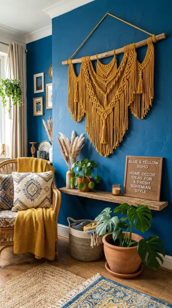 mustard-yellow-macrame-wall-hanging-against-a-blue-wall