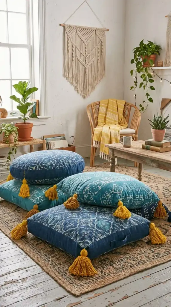 oversized-blue-boho-floor-cushions-with-yellow-tassels
