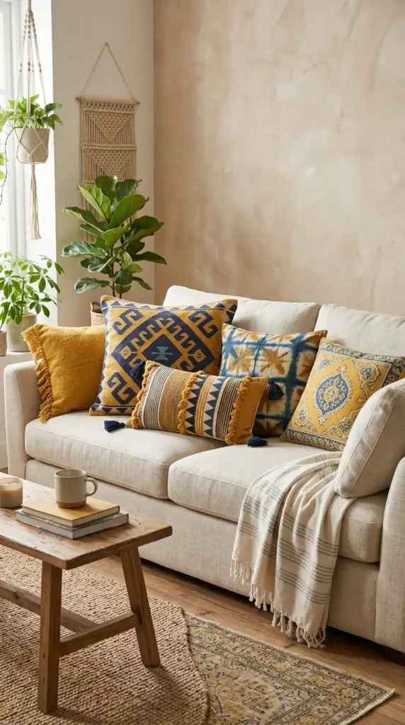 yellow-and-blue-boho-patterned-throw-pillows-on-a-neutral-sofa.