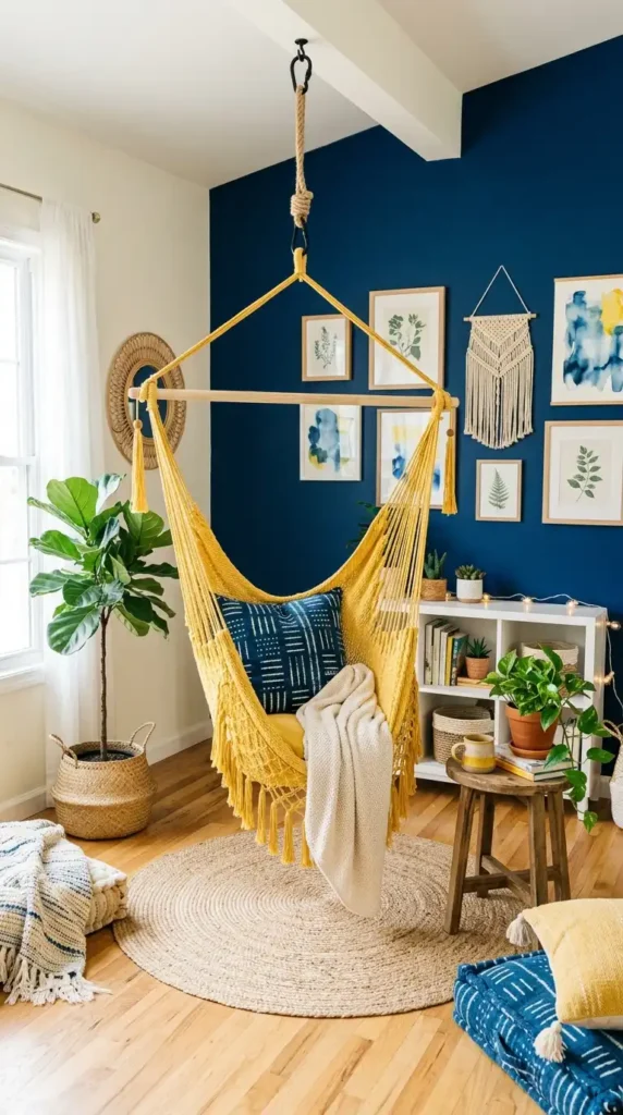 yellow-boho-hammock-chair-in-a-blue-accent-room