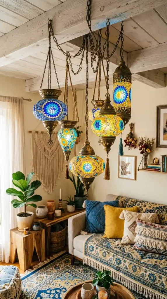 yellow-boho-lanterns-with-blue-mosaic-glass